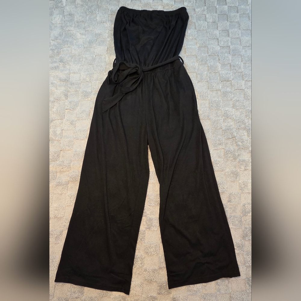 Women's Jumpsuit Lg Zesica Black Strapless Belted Elastic Waist Pockets Romper - Picture 2 of 7